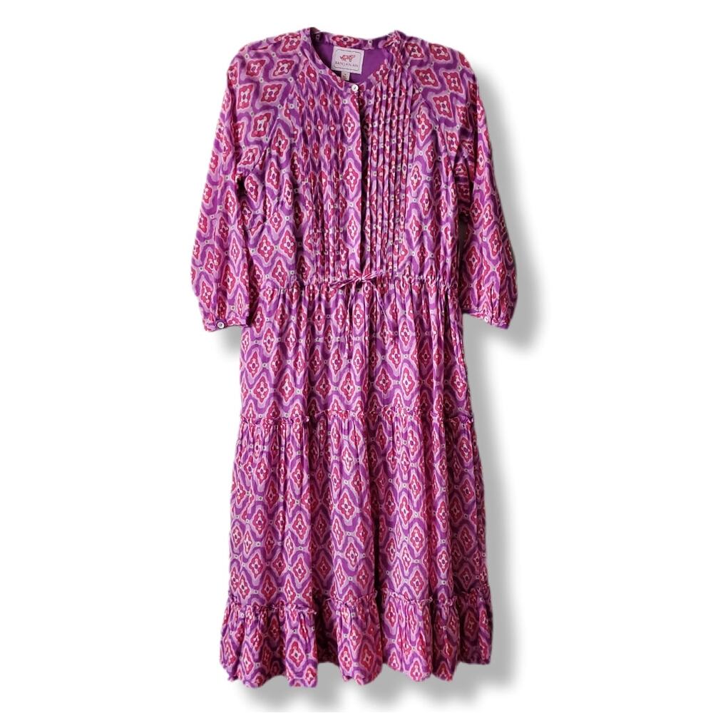 Banjanan Iconic Pink Purple Ikat Bazaar Tiered Maxi Midi Dress M Boho Cottage